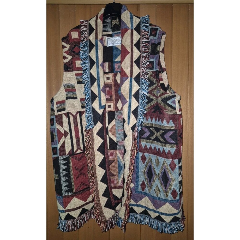 VTG  Rising SUN Native American Southwestern Fringe Tapestry Coat EUC